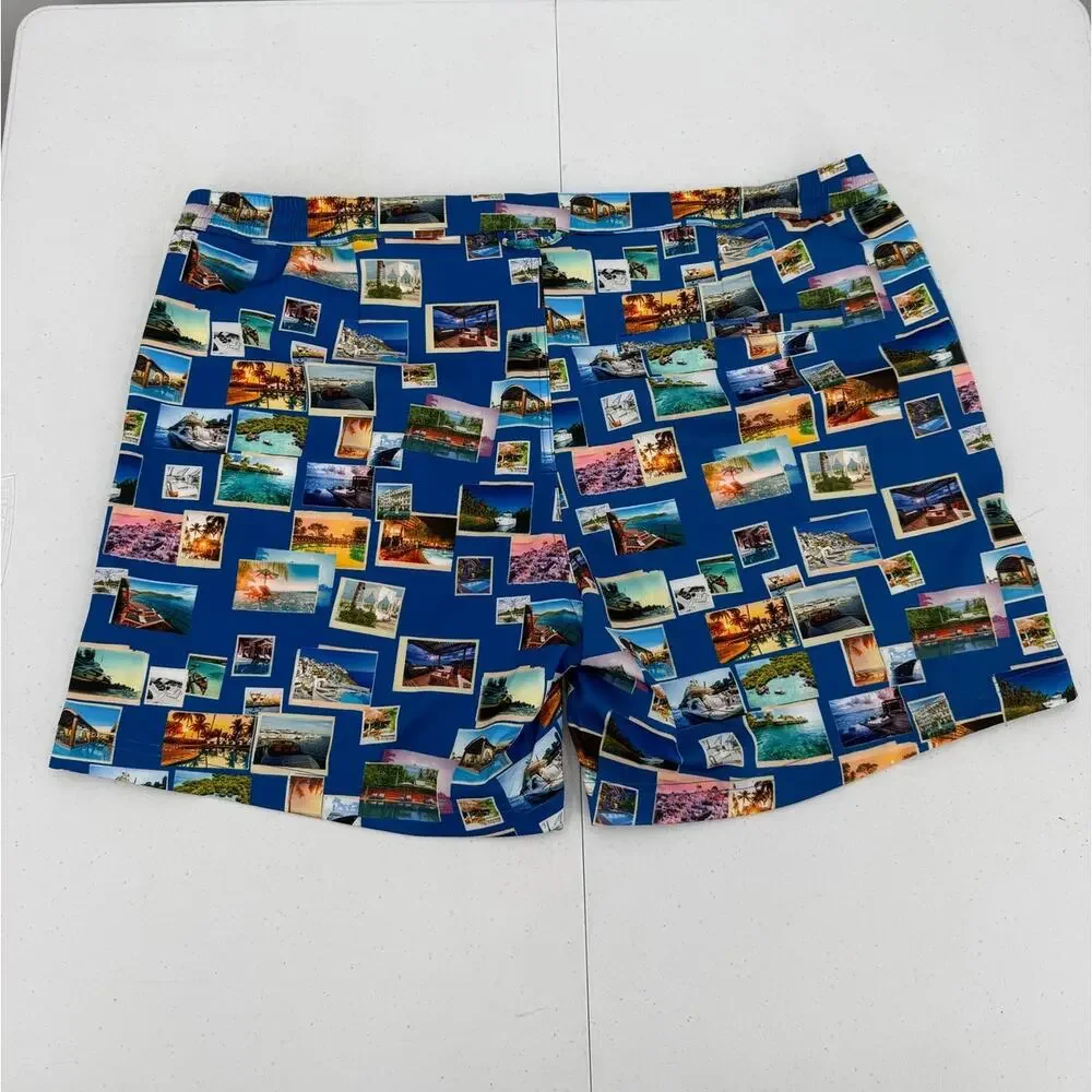 NWT Robert Graham Quick Dry Blue Postcards Swim Trunks Size XL